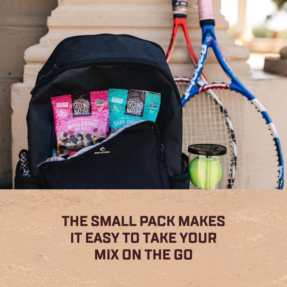 Second Nature Wholesome Medley Trail Mix 2.25 oz pouch packaging image for travel.