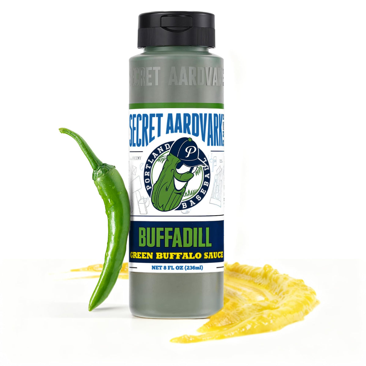 Secret Aardvark BuffaDill green bottle pour showcasing bold dill buffalo flavor for wings