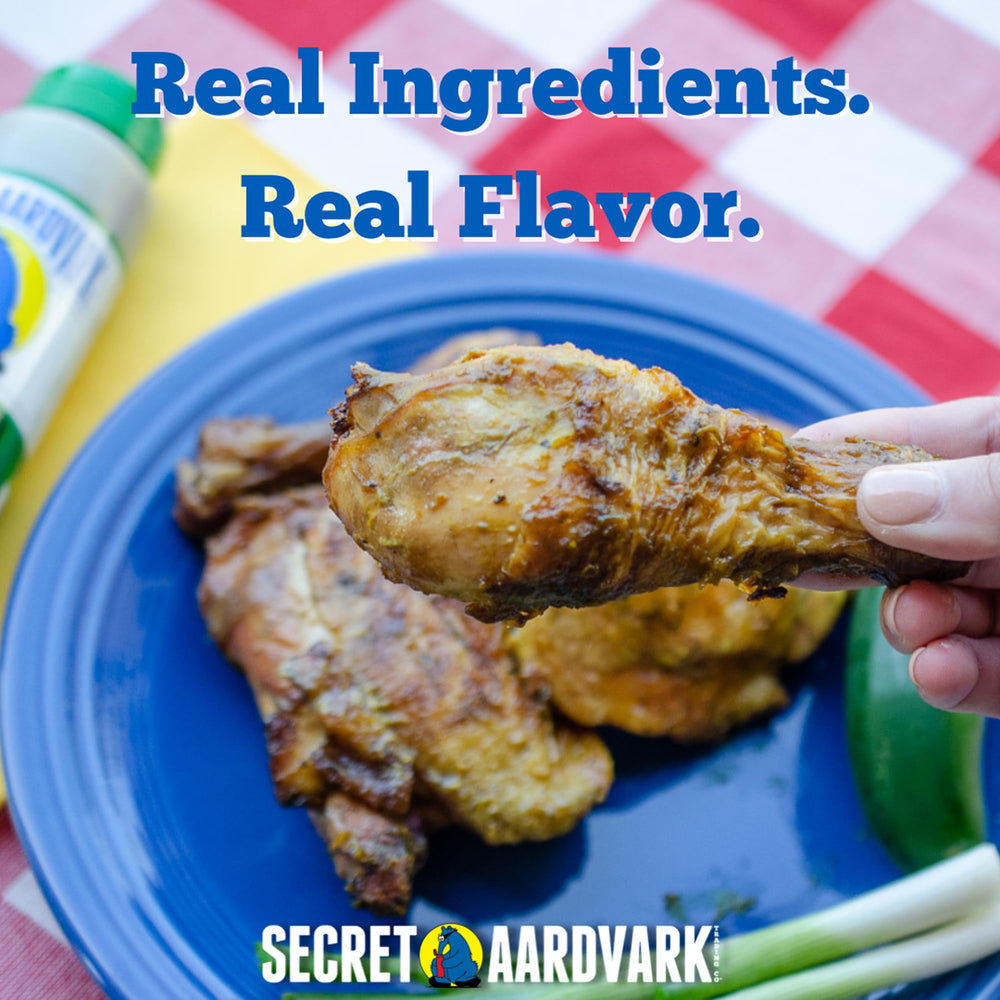 Close-up of green sauce texture highlights non-GMO, plant-based ingredients.