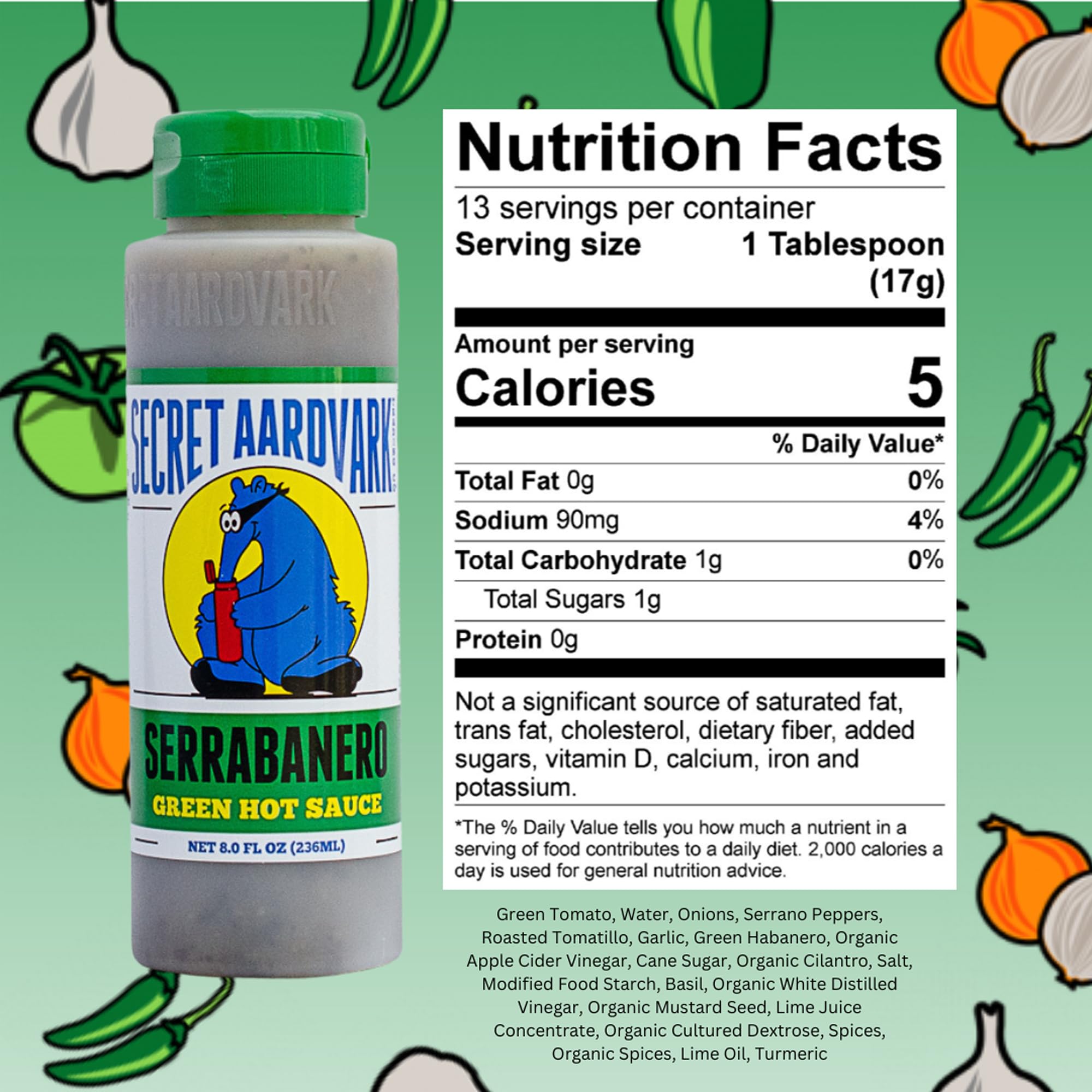 Secret Aardvark Green sauce with tomatillos closeup for marinades and veggie toppings.