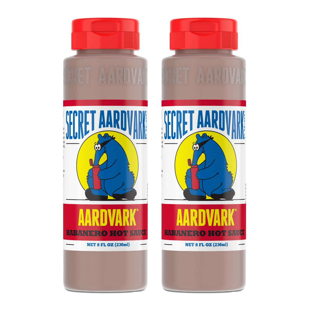 Secret Aardvark Habanero hot sauce bottle front for bold flavor on tacos.