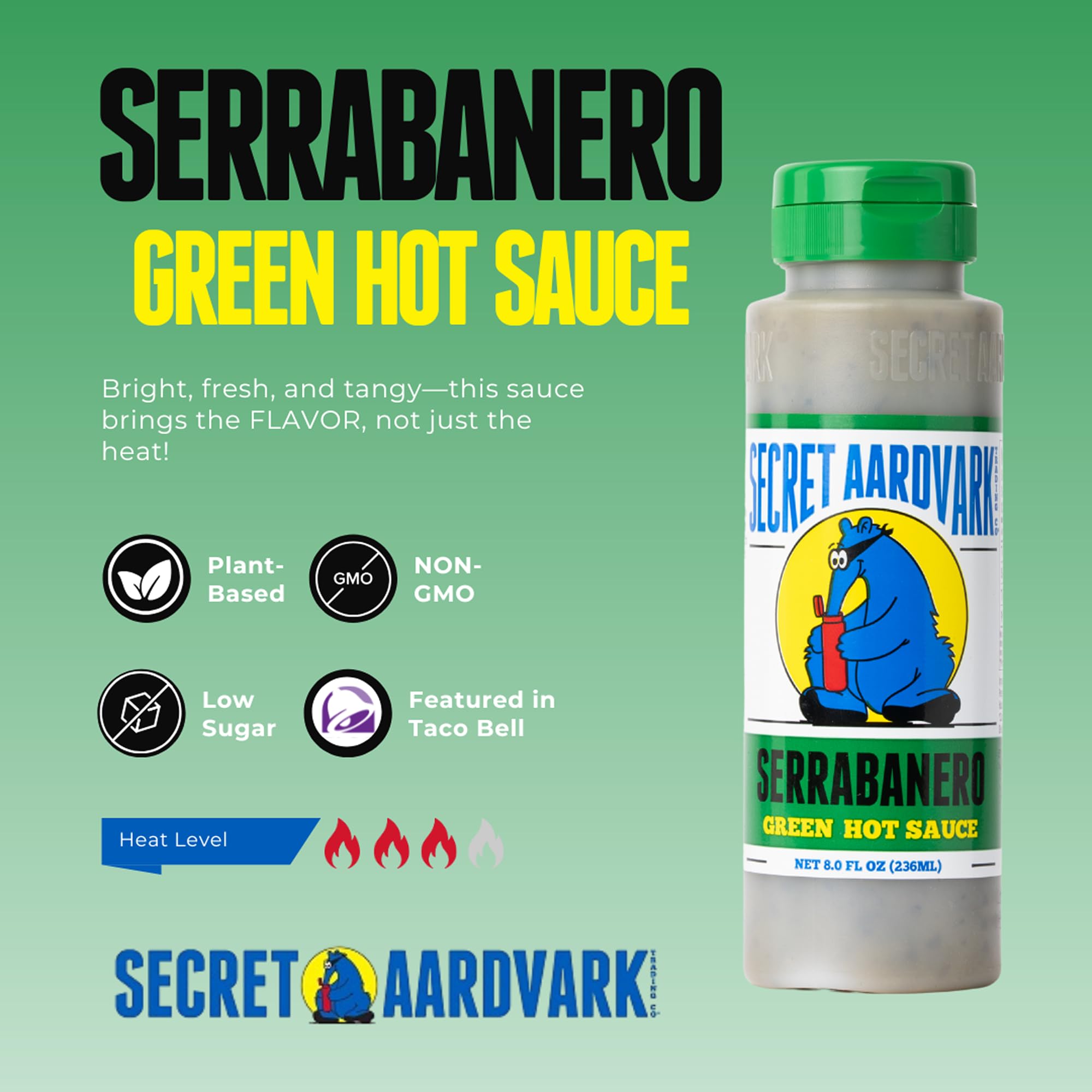 Secret Aardvark Serrabanero bottle bold versatile green hot sauce for any dish.