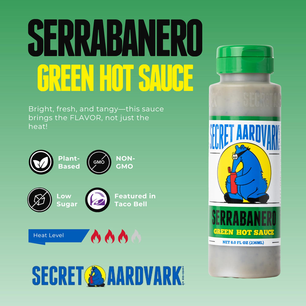Secret Aardvark Serrabanero bottle bold versatile green hot sauce for any dish.
