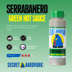Secret Aardvark Serrabanero bottle bold versatile green hot sauce for any dish.