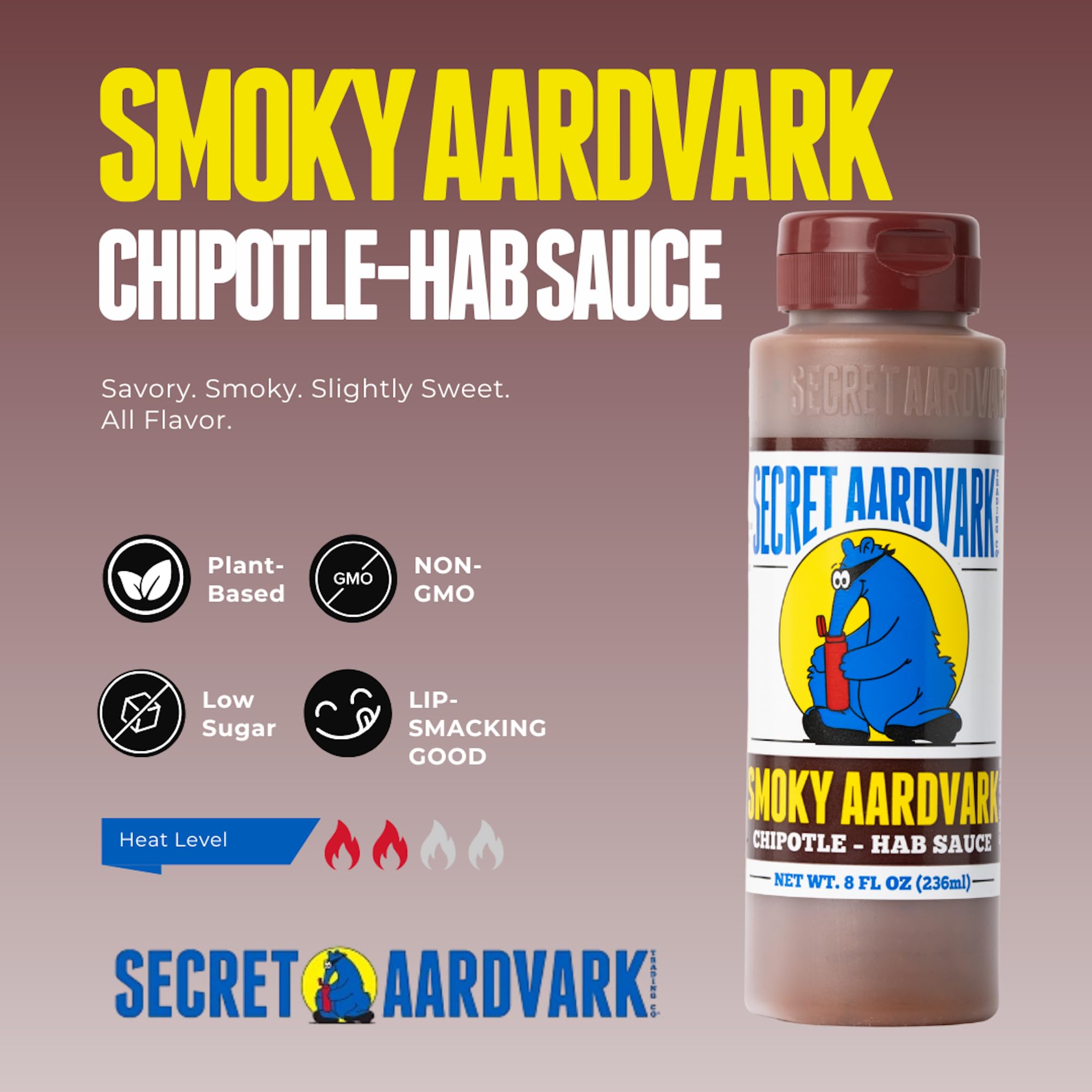 Close-up of Secret Aardvark label on smoky chipotle bottle highlighting ingredients.