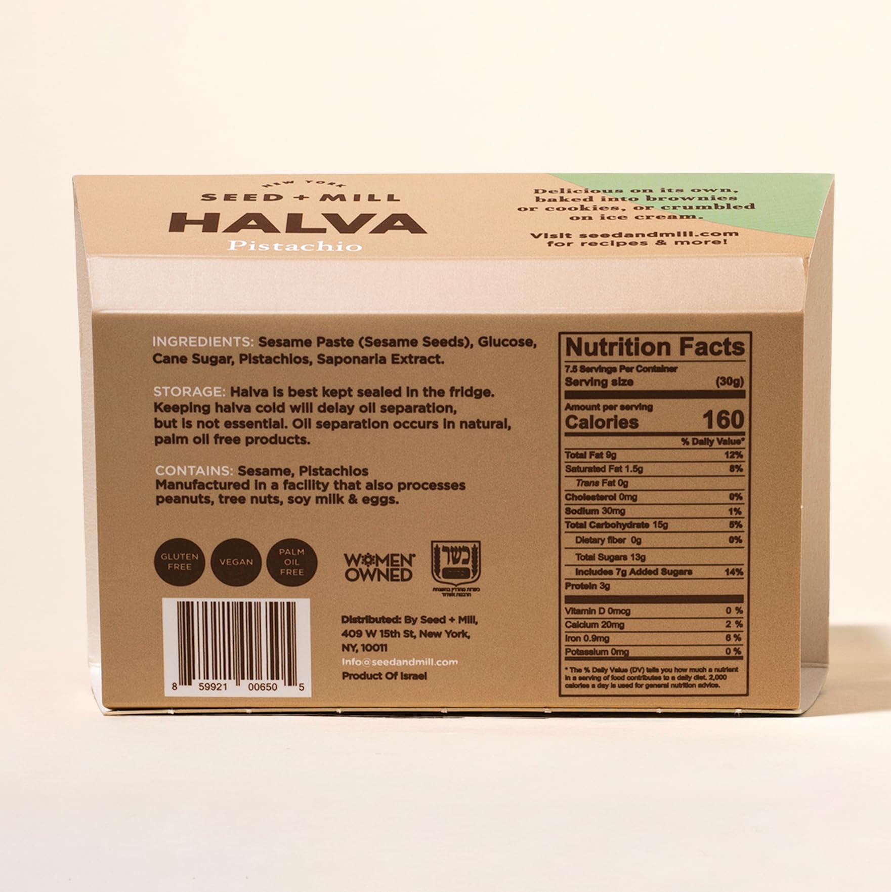 Seed + Mill halva pistachio close-up highlights flaky texture and nutty flavor.