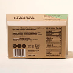 Seed + Mill halva pistachio close-up highlights flaky texture and nutty flavor.