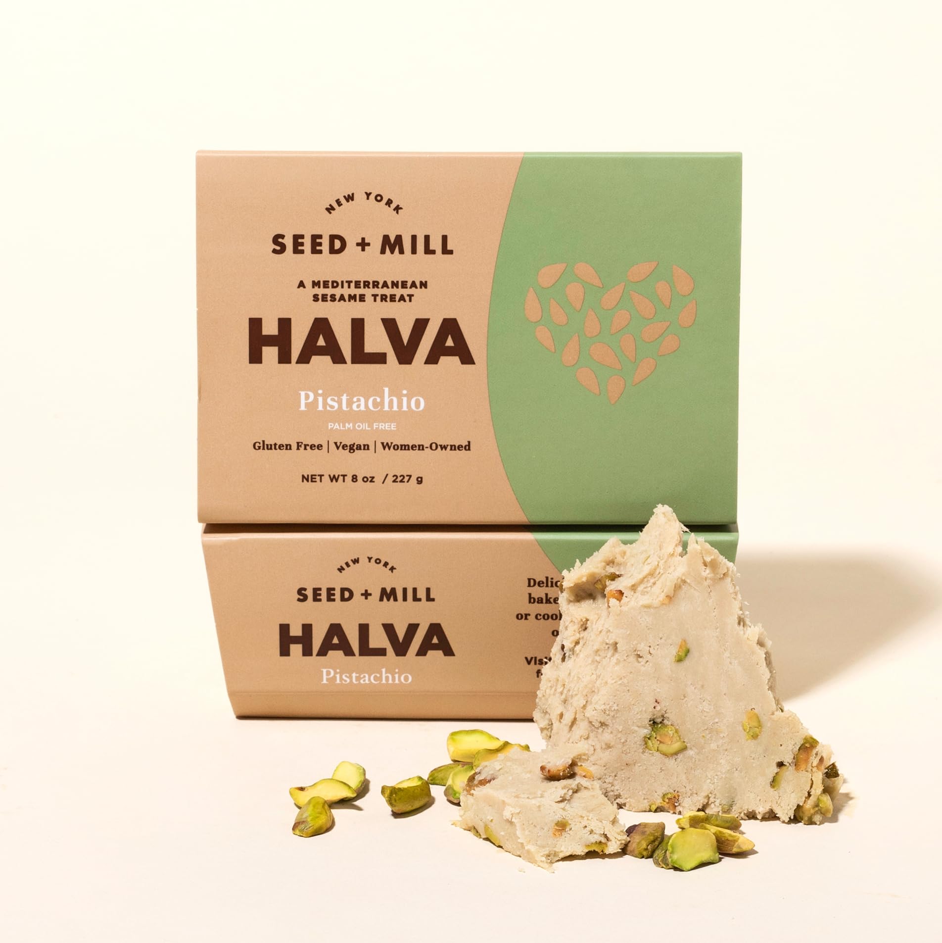 Seed + Mill pistachio halva slices show ready-to-crumble pieces for yogurt topping.