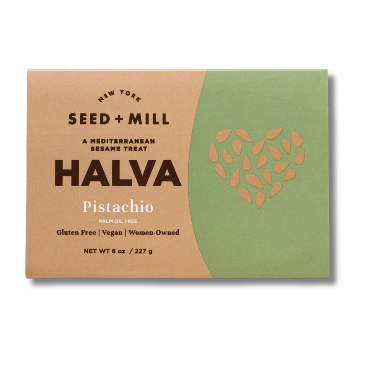 Seed + Mill pistachio halva close-up shows creamy sesame texture, ideal for quick snacking.