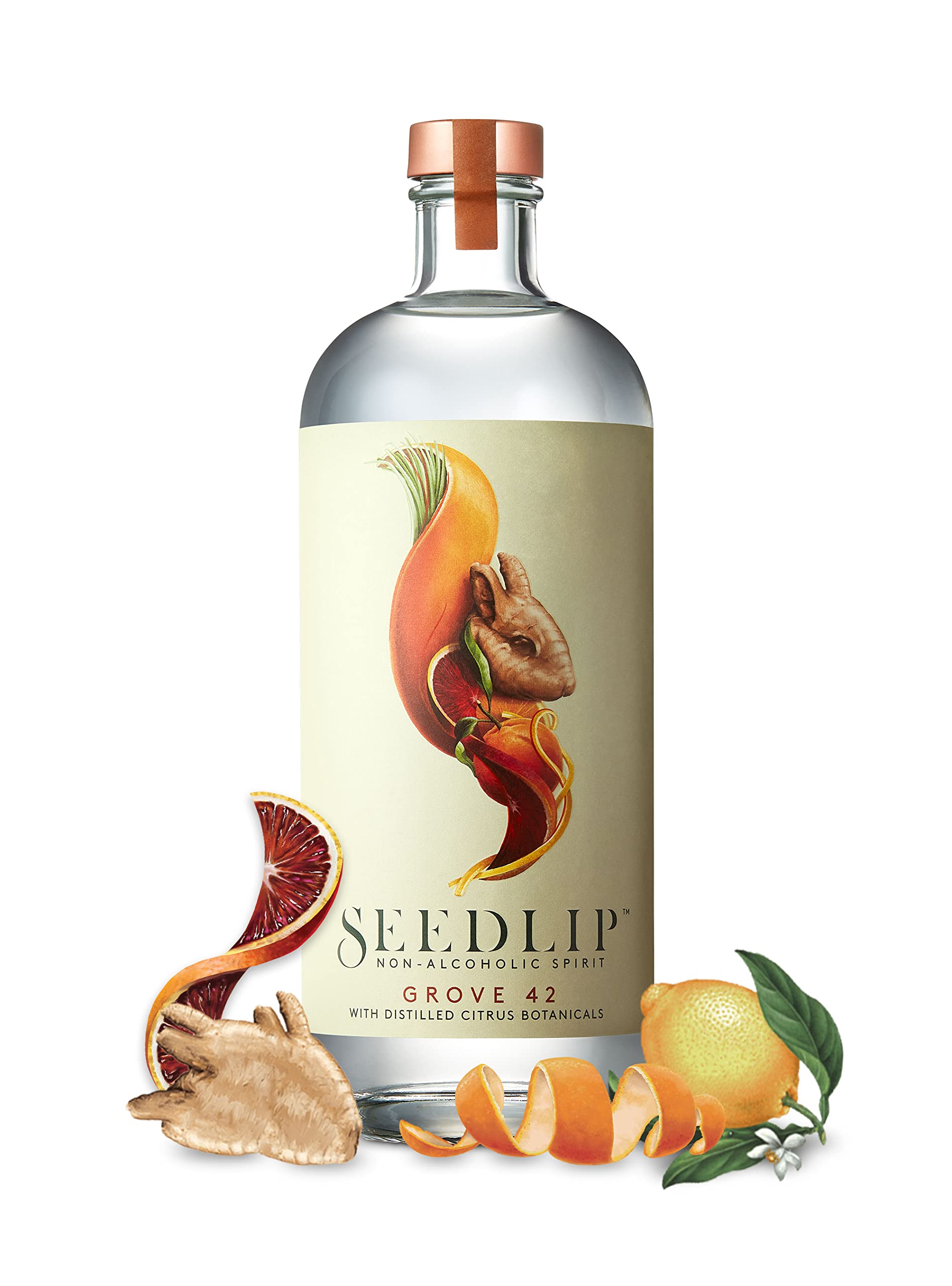 Seedlip Grove 42 bottle on shelf, premium non-alcoholic option for sophisticated sipping