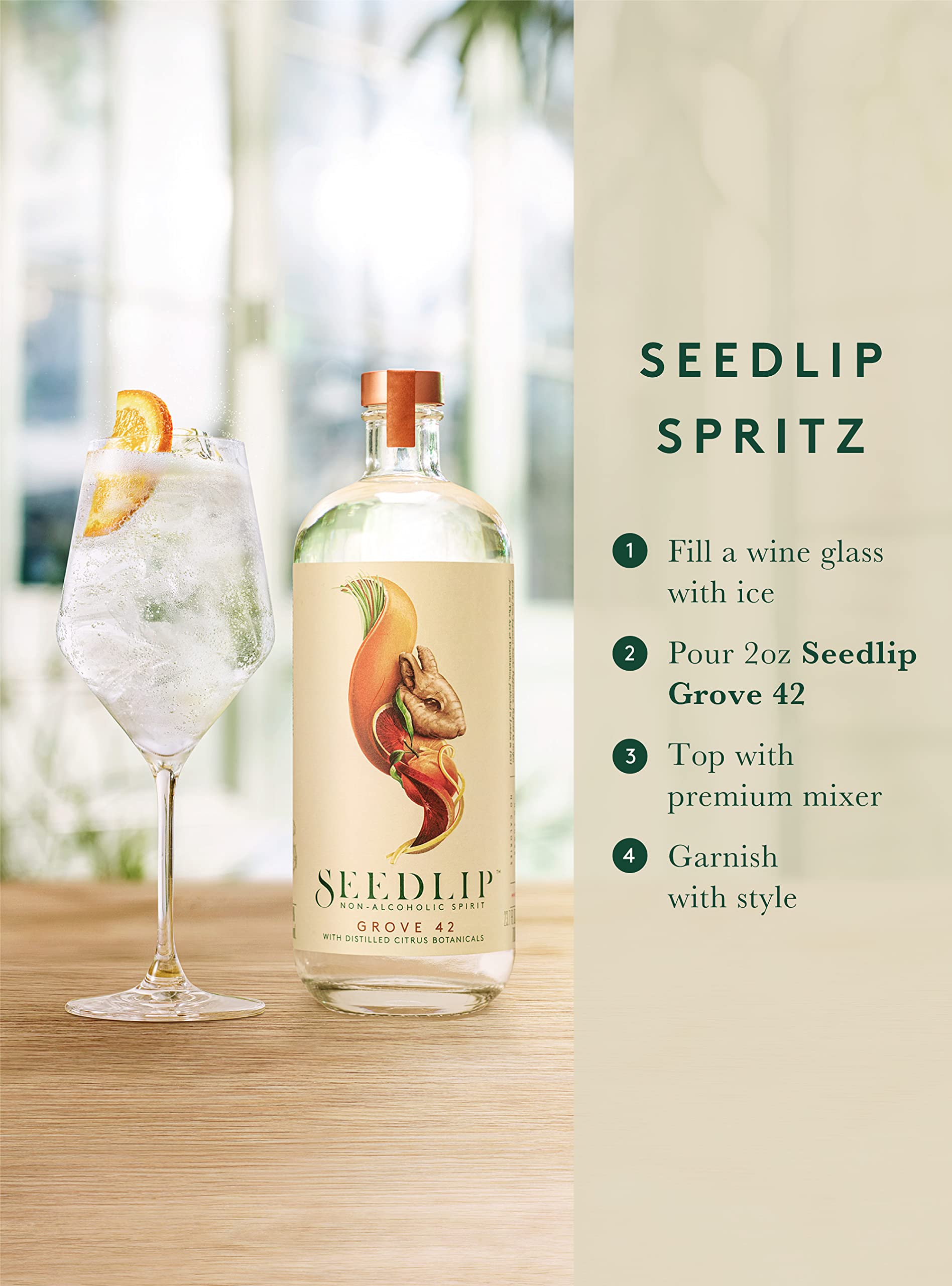 Close-up of Seedlip Grove 42 highlighting citrus-forward aroma and botanicals