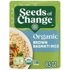 SEEDS OF CHANGE brown basmati rice cooked steaming bowl with nutty aroma.
