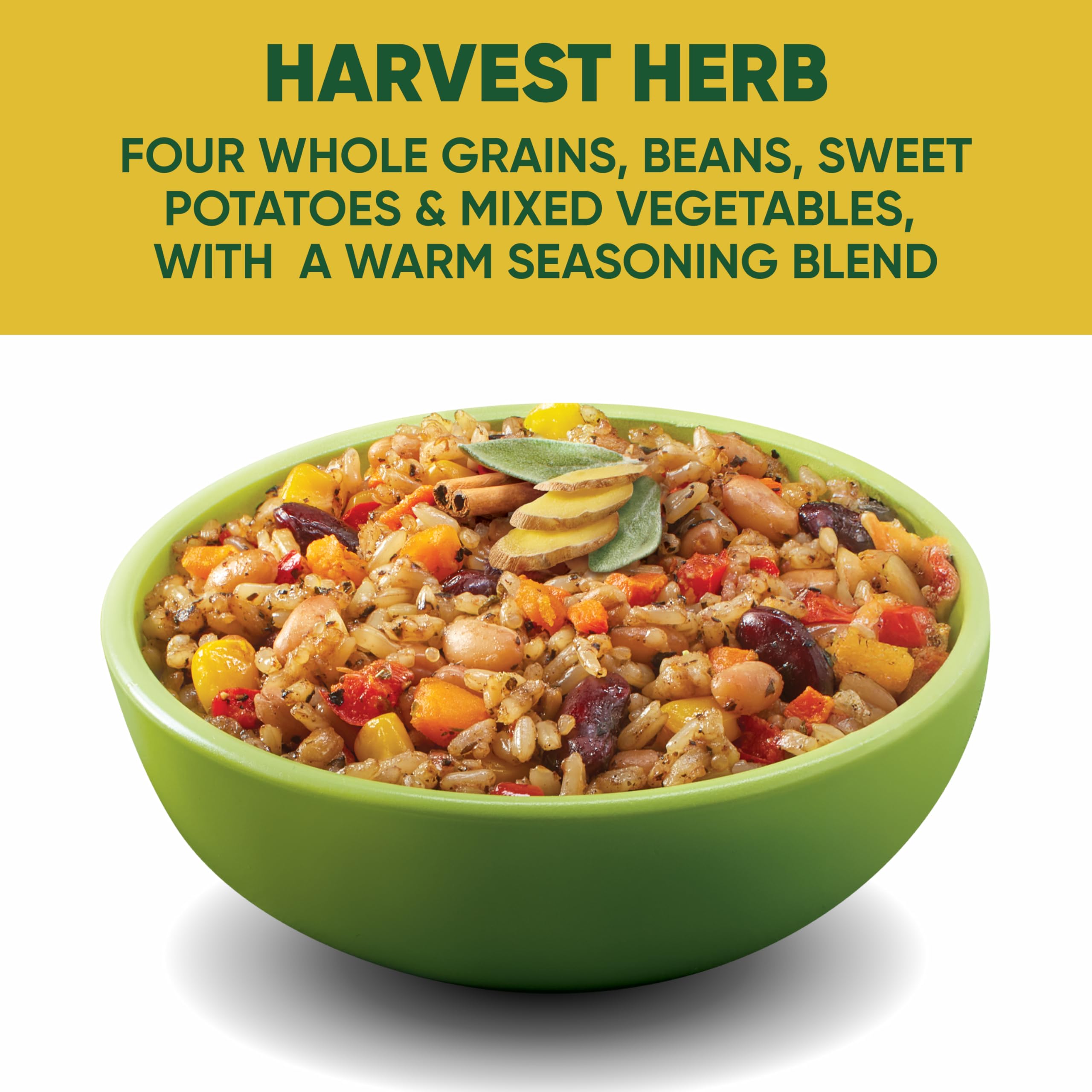 SEEDS OF CHANGE Harvest Herb bowl with nutrition facts panel visible, emphasizing 14g protein.