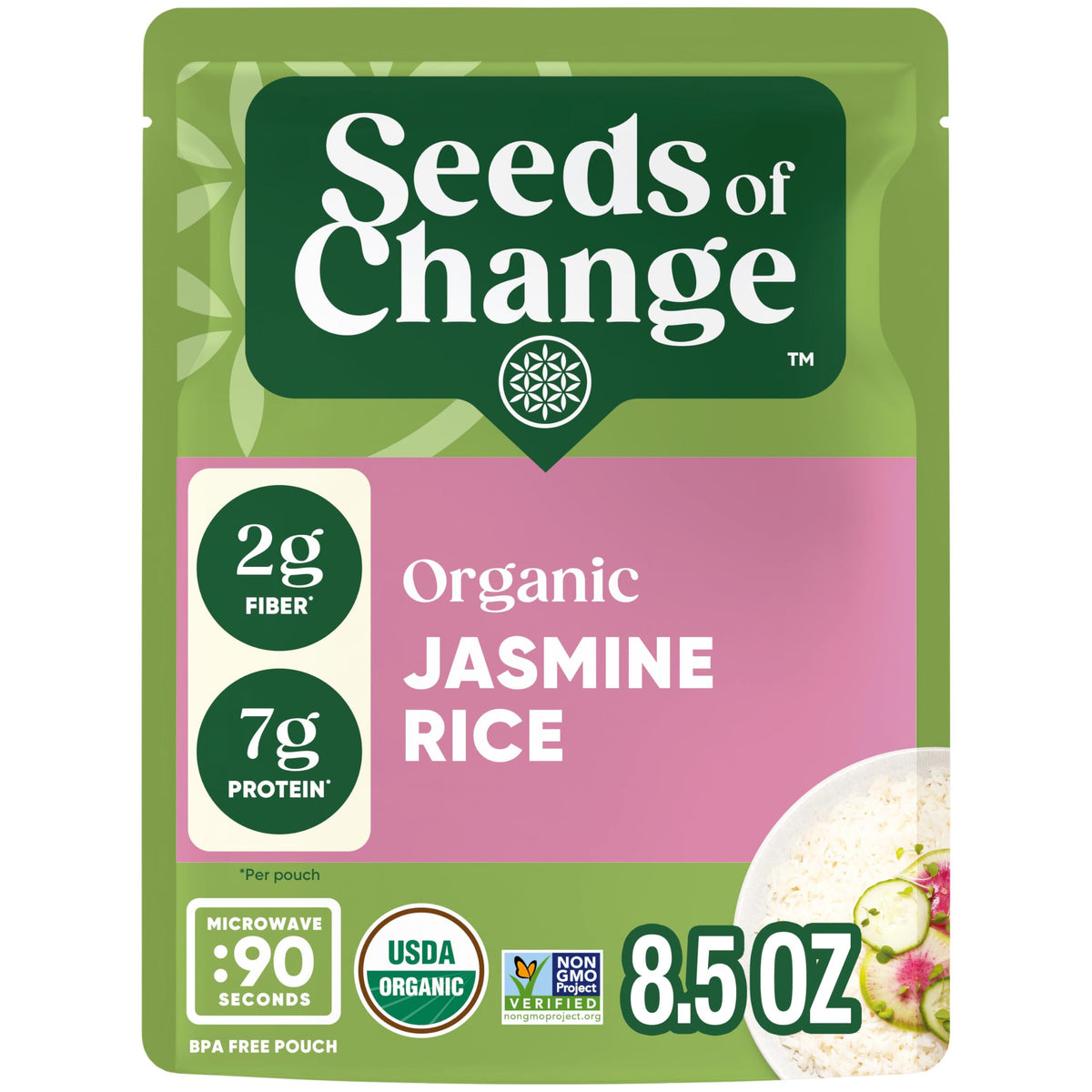 SEEDS OF CHANGE Jasmine Rice pouch ready for quick, convenient meals.
