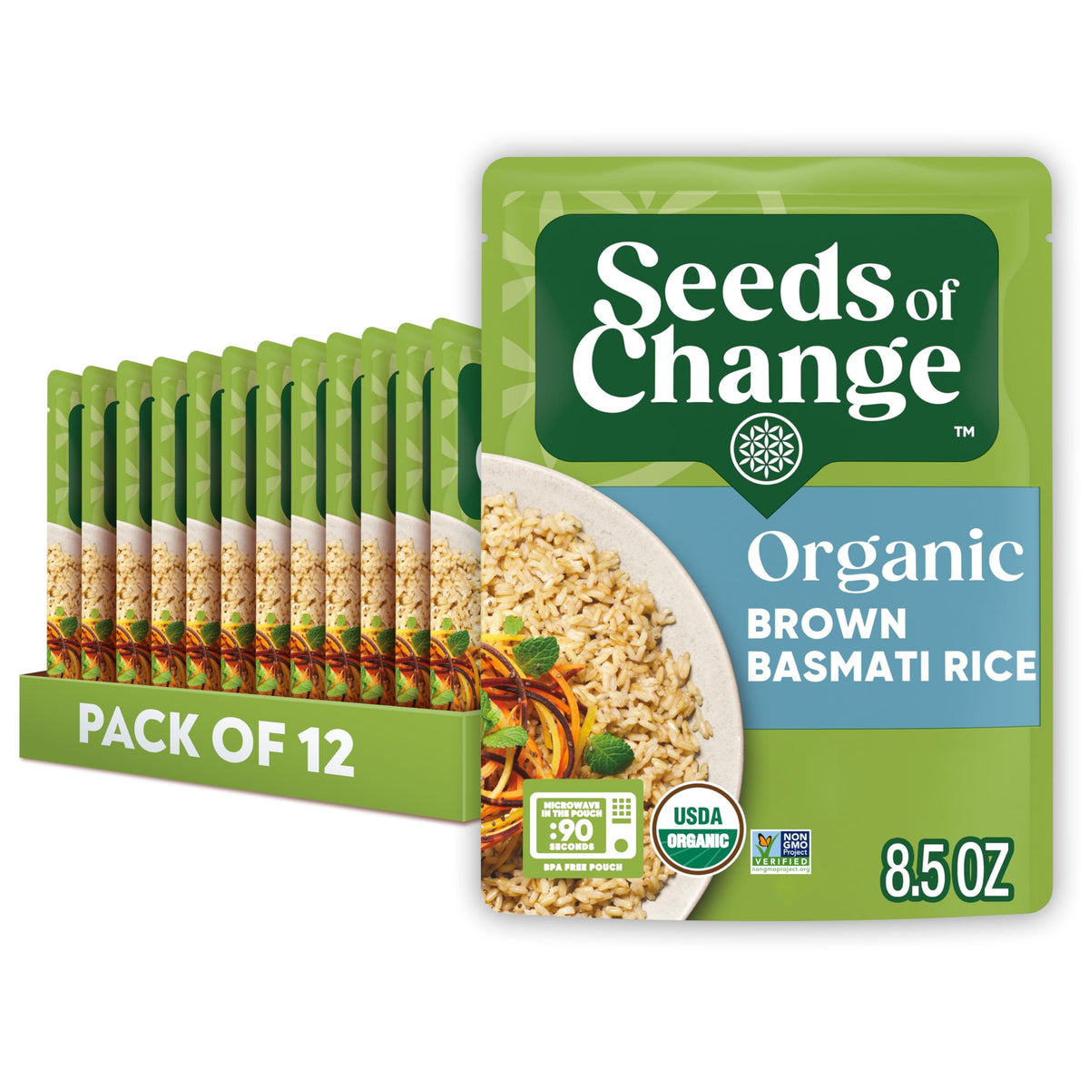 SEEDS OF CHANGE Organic Brown Basmati Rice pouch front for easy weeknight meals.