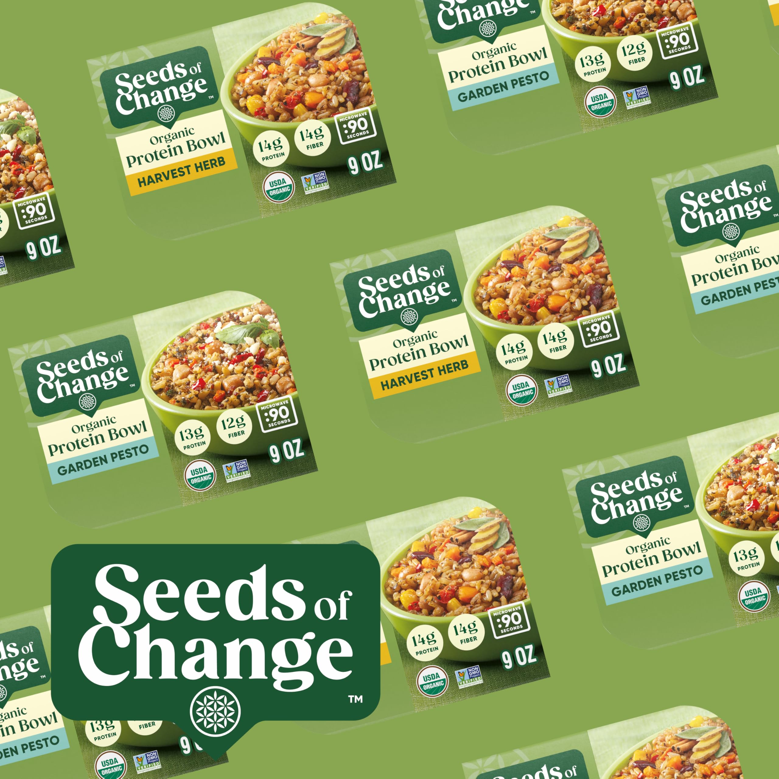 SEEDS OF CHANGE Organic protein bowl on table, ready for meal prep rotation.