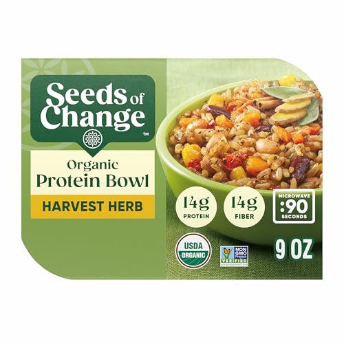 SEEDS OF CHANGE Organic Protein Bowl microwave-ready scene, highlighting 90-second heat and convenience.