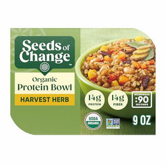 SEEDS OF CHANGE Organic Protein Bowl microwave-ready scene, highlighting 90-second heat and convenience.