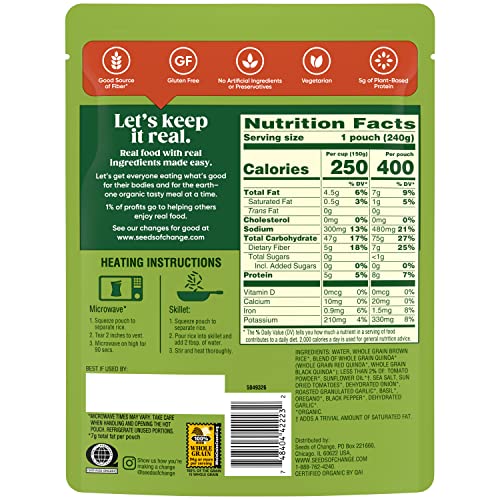 SEEDS OF CHANGE organic quinoa-brown rice pouch, microwave-ready for quick dinners.
