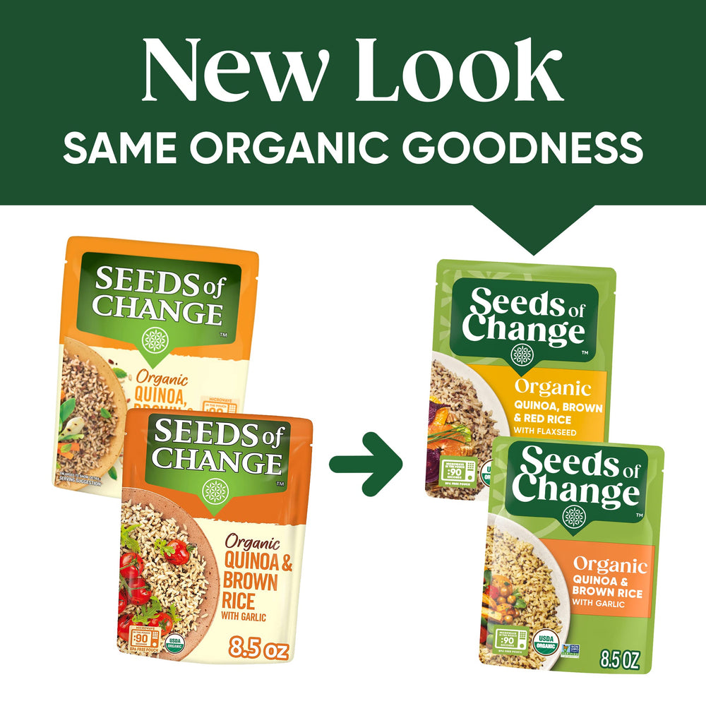 SEEDS OF CHANGE flaxseed appears in the quinoa, brown and red rice blend close-up.