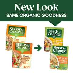 SEEDS OF CHANGE flaxseed appears in the quinoa, brown and red rice blend close-up.