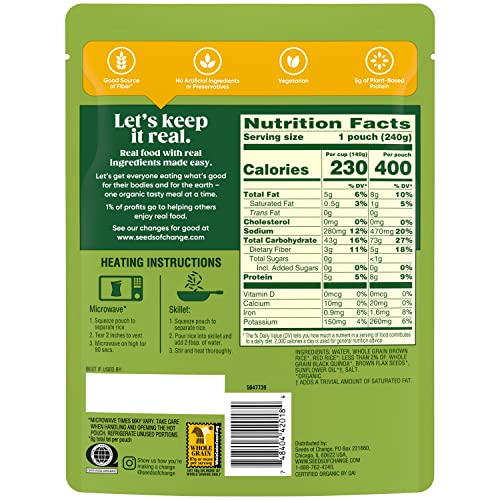 SEEDS OF CHANGE ingredients panel highlights quinoa, rice and flaxseed blend for wholesome flavor
