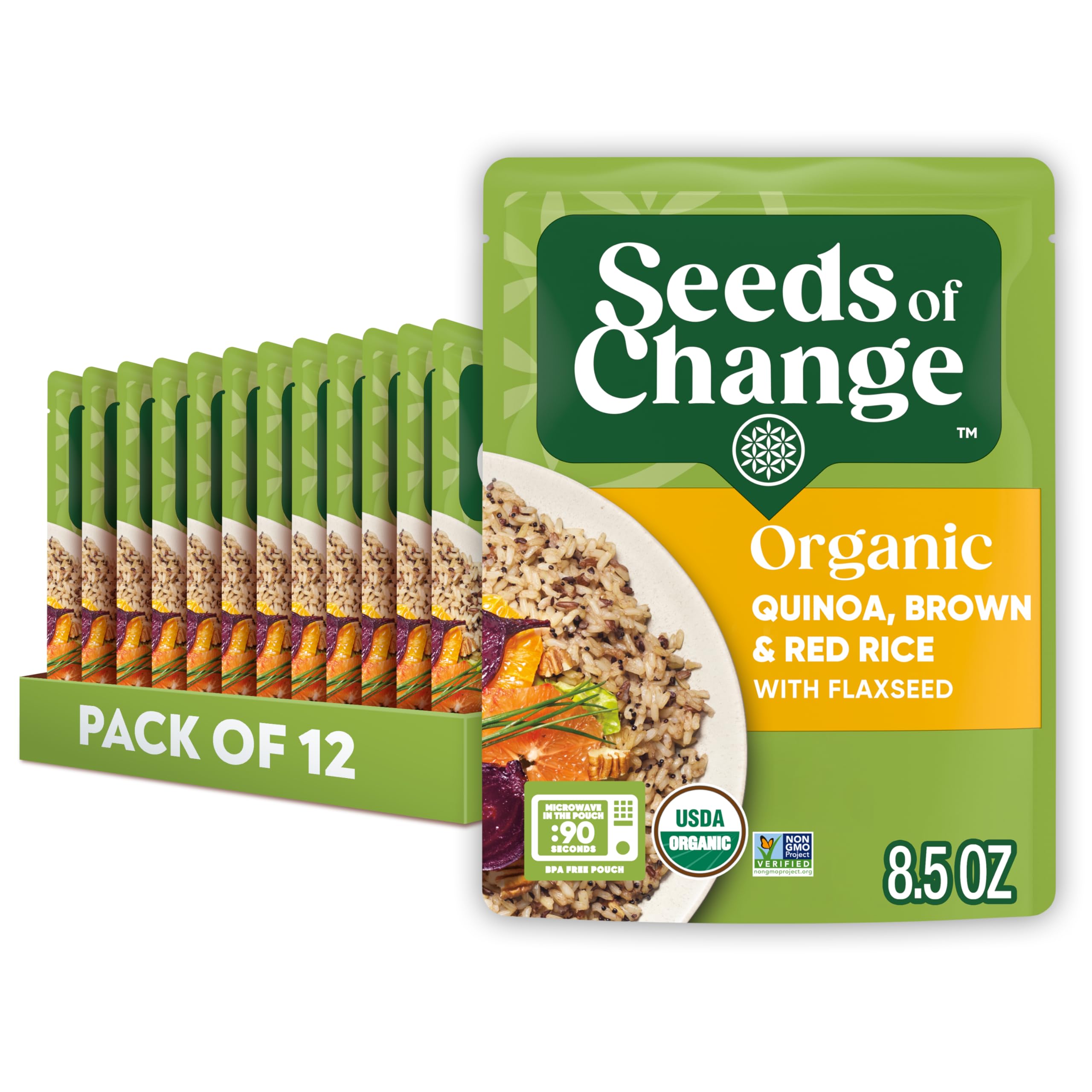 SEEDS OF CHANGE pack shot showing Organic Quinoa, Brown & Red Rice with Flaxseed for quick meals