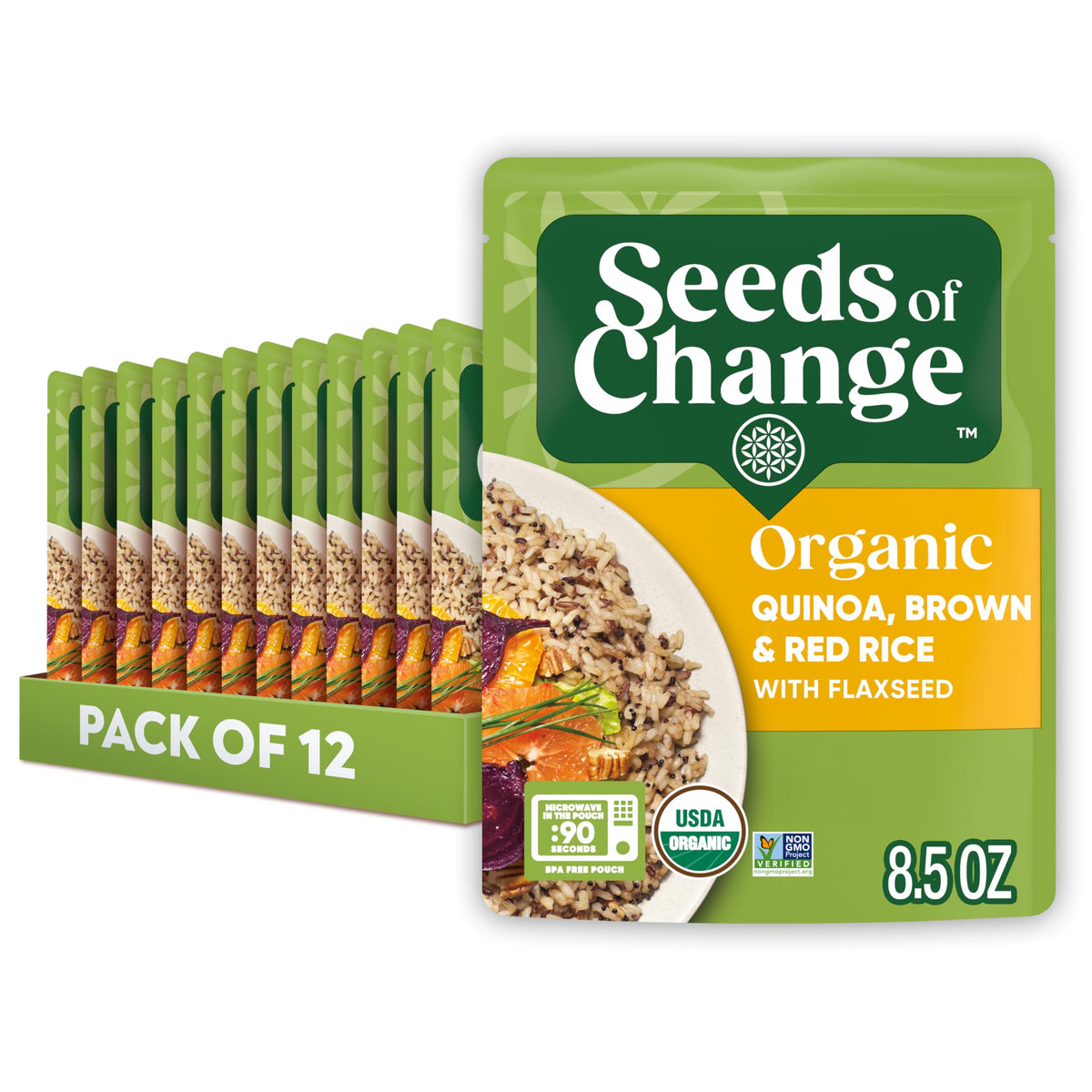 SEEDS OF CHANGE pack shot showing Organic Quinoa, Brown & Red Rice with Flaxseed for quick meals