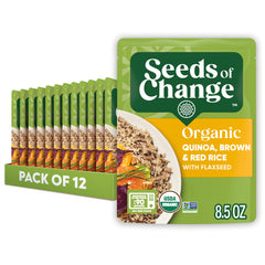 SEEDS OF CHANGE pack shot showing Organic Quinoa, Brown & Red Rice with Flaxseed for quick meals
