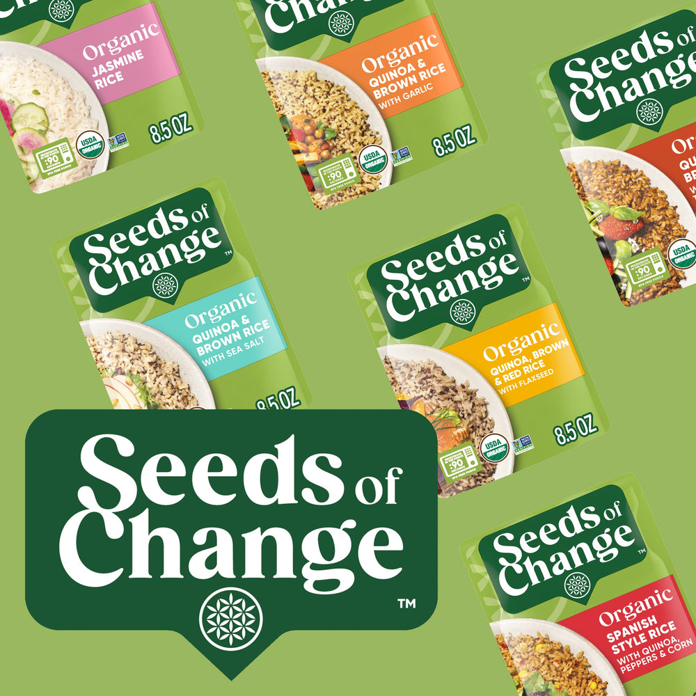 SEEDS OF CHANGE packaging-sustainability image reinforces organic, eco-friendly packaging and support for FoodCorps