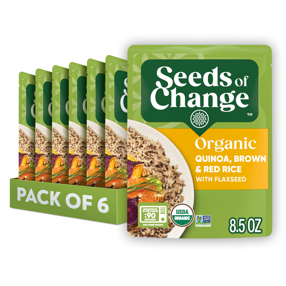 SEEDS OF CHANGE quinoa-brown-red-rice pouch ready to heat for quick meals.