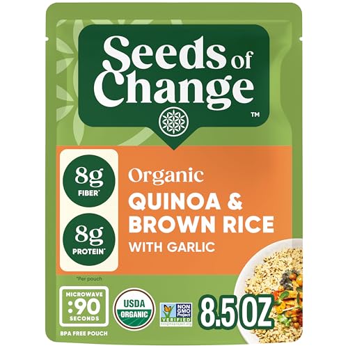 SEEDS OF CHANGE quinoa-brown-rice with garlic microwave-ready-bowl; quick dinner solution.
