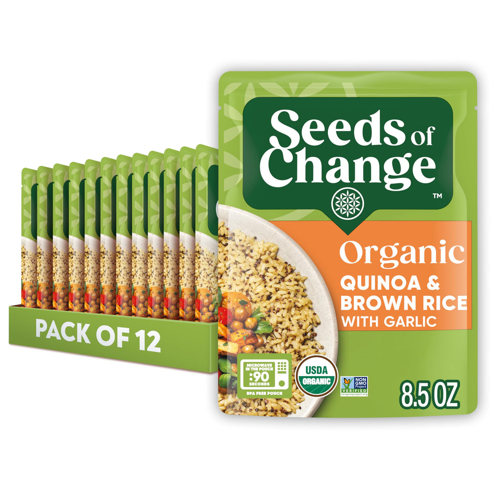 SEEDS OF CHANGE quinoa-brown-rice with garlic packfront; convenient organic side option.