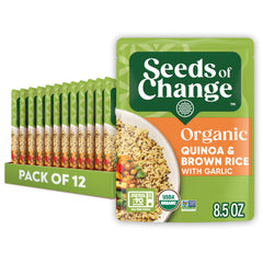 SEEDS OF CHANGE quinoa-brown-rice with garlic packfront; convenient organic side option.