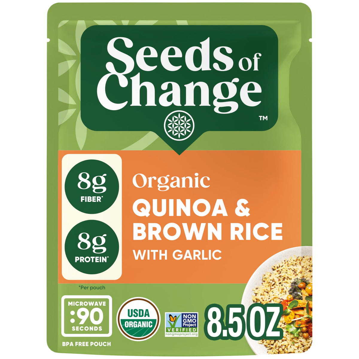 SEEDS OF CHANGE quinoa and brown rice with garlic pouch close-up; fiber-rich mix