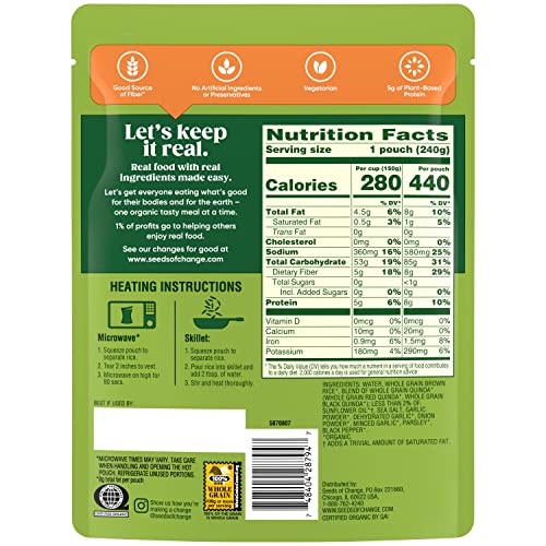 SEEDS OF CHANGE quinoa and brown rice with garlic pouch close-up showing wholesome grains.