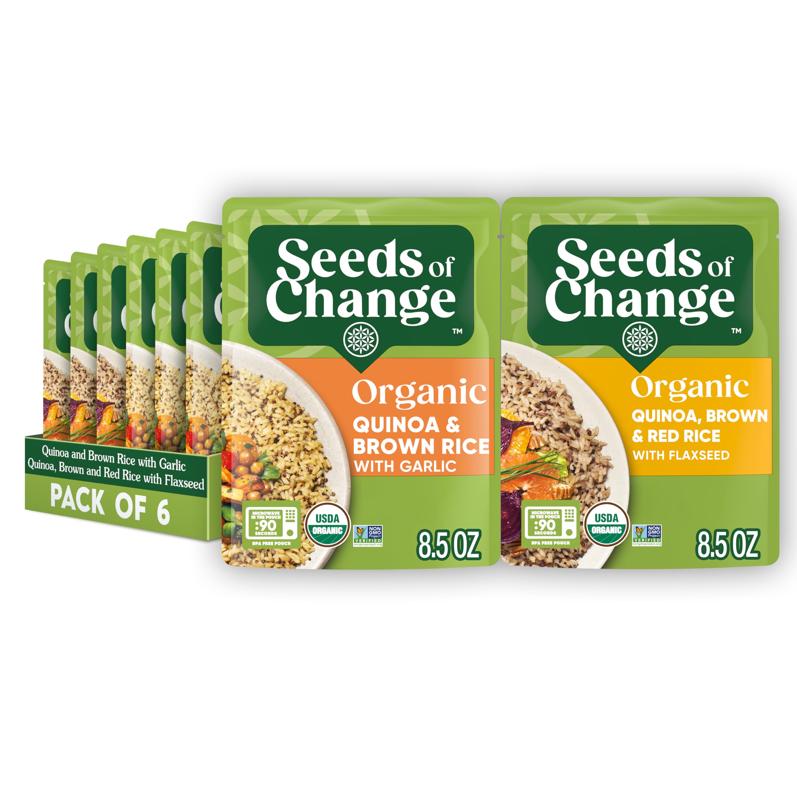 SEEDS OF CHANGE quinoa and brown rice with garlic pouch front, ready for a quick meal.