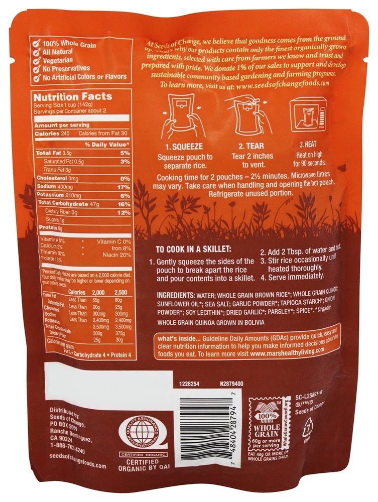 SEEDS OF CHANGE Rice & Quinoa Blend Garlic Organic close-up of wholesome ingredients.