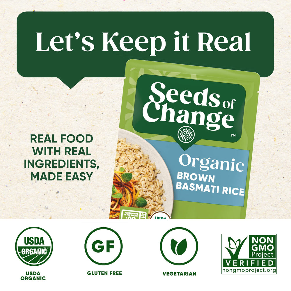 SEEDS OF CHANGE whole grain brown basmati rice provides hearty texture.