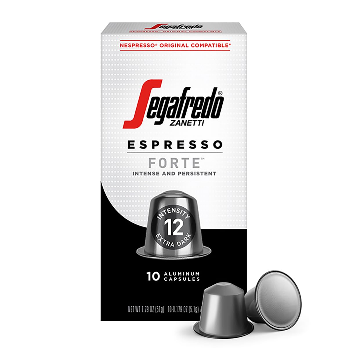 Segafredo Zanetti Forte espresso capsules pack for bold at-home espresso.