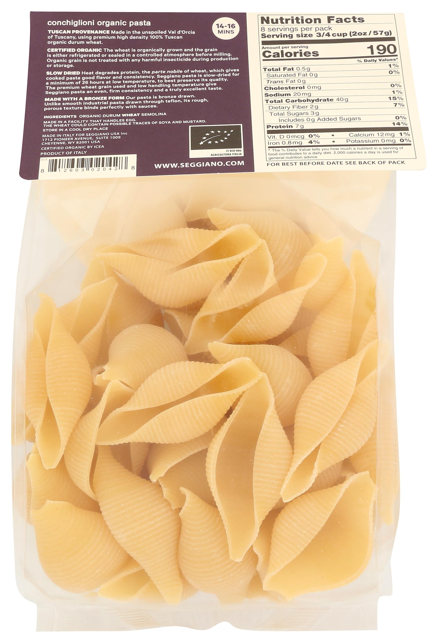 Seggiano Organic Conchiglioni 16oz pack ready for stuffed shells