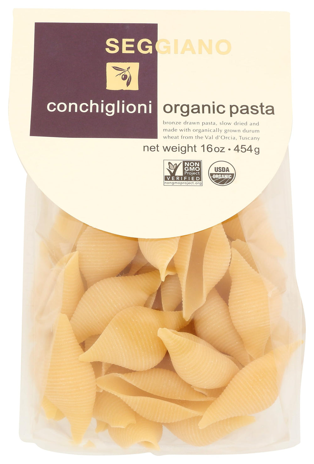 Seggiano Organic Conchiglioni bronze-drawn pasta texture clinging to sauces
