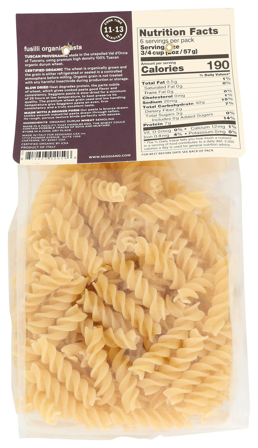 Seggiano Organic Fusilli close-up spirals ideal for clinging to sauce