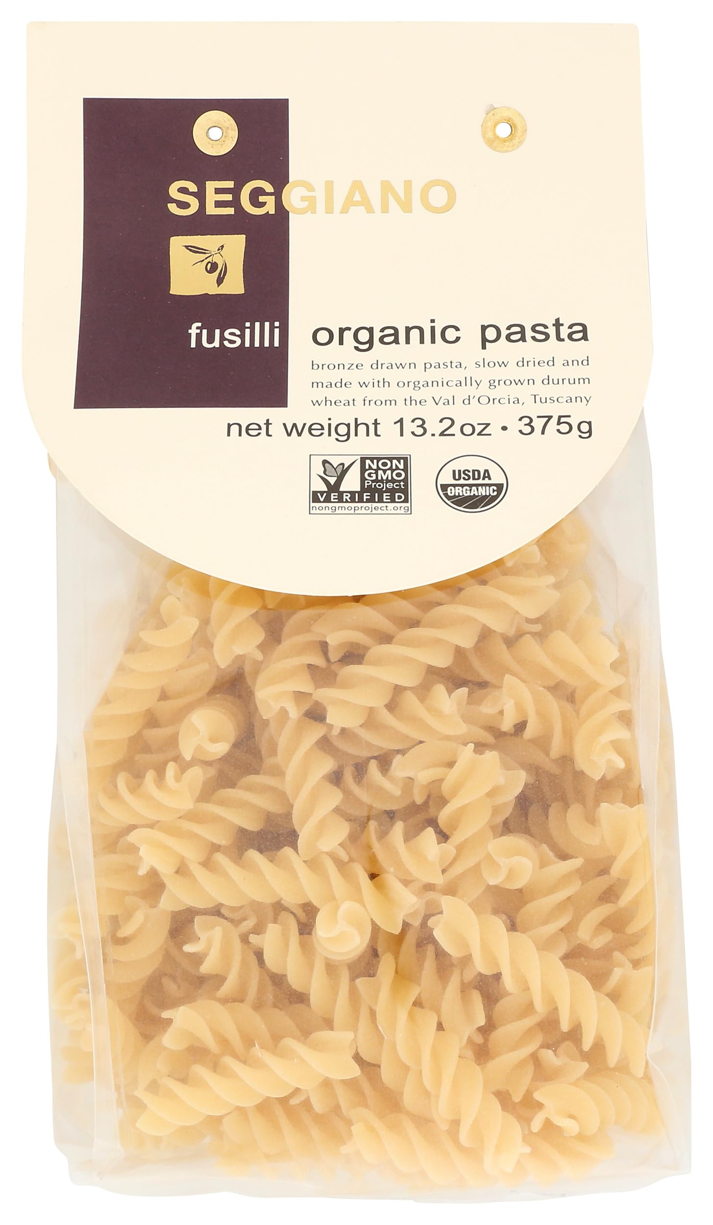 Seggiano Organic Fusilli Pasta pack ready for a hearty sauce