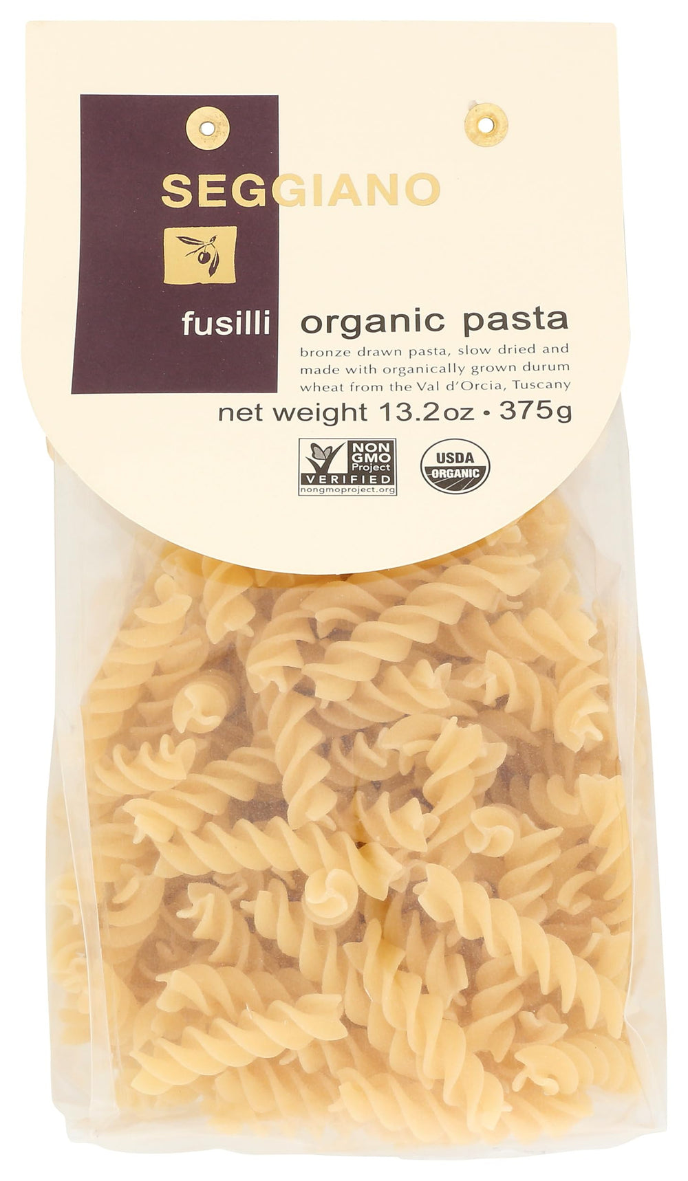 Seggiano Organic Fusilli Pasta pack ready for a hearty sauce