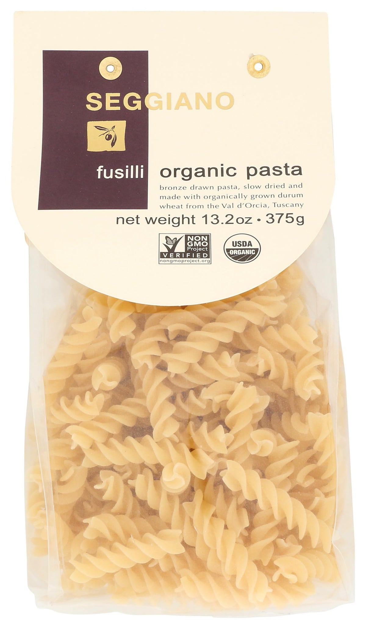 Seggiano Organic Fusilli Pasta pack ready for a hearty sauce