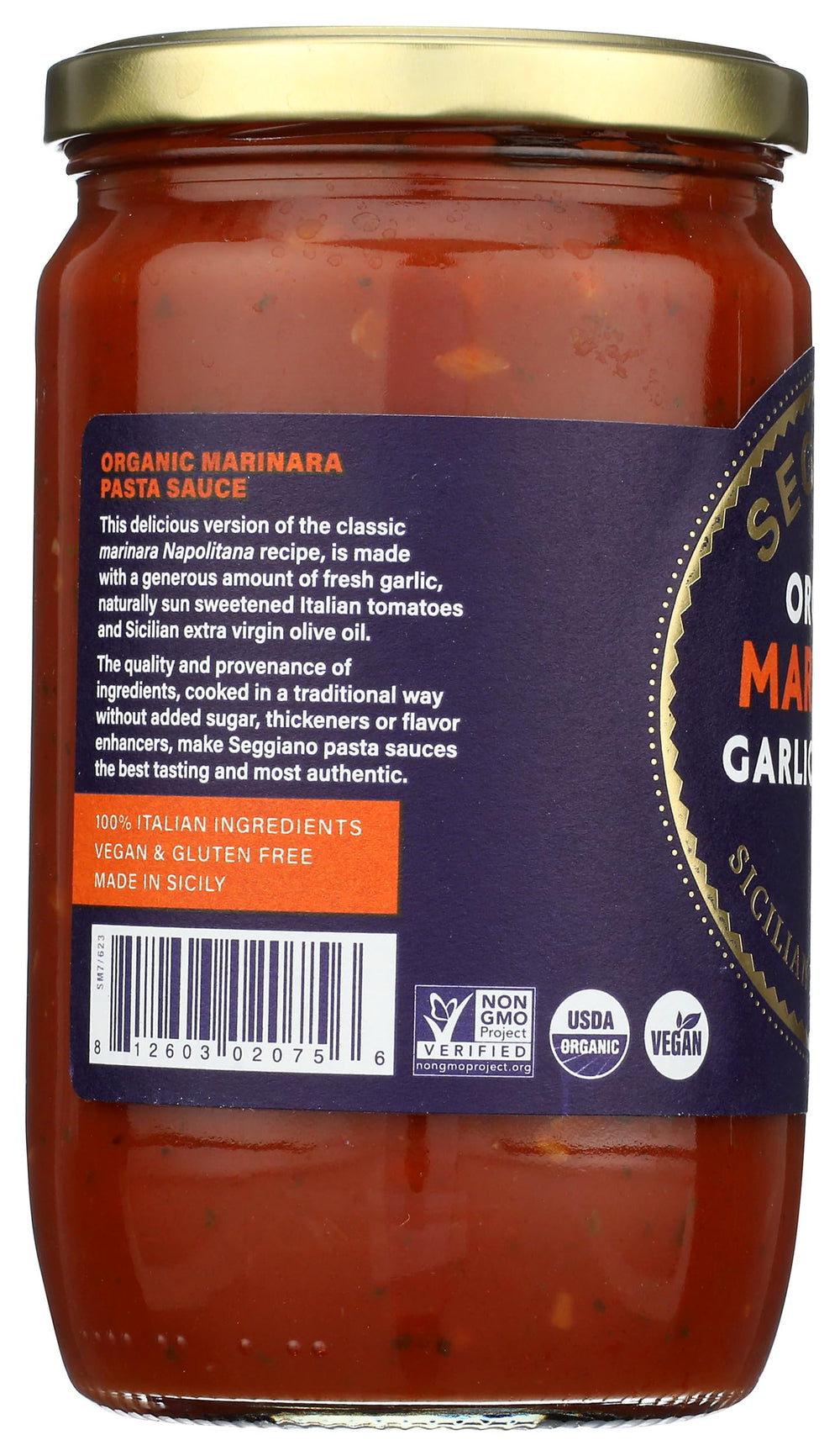 Seggiano Organic Garlic Marinara with basil leaves suggests vibrant finish
