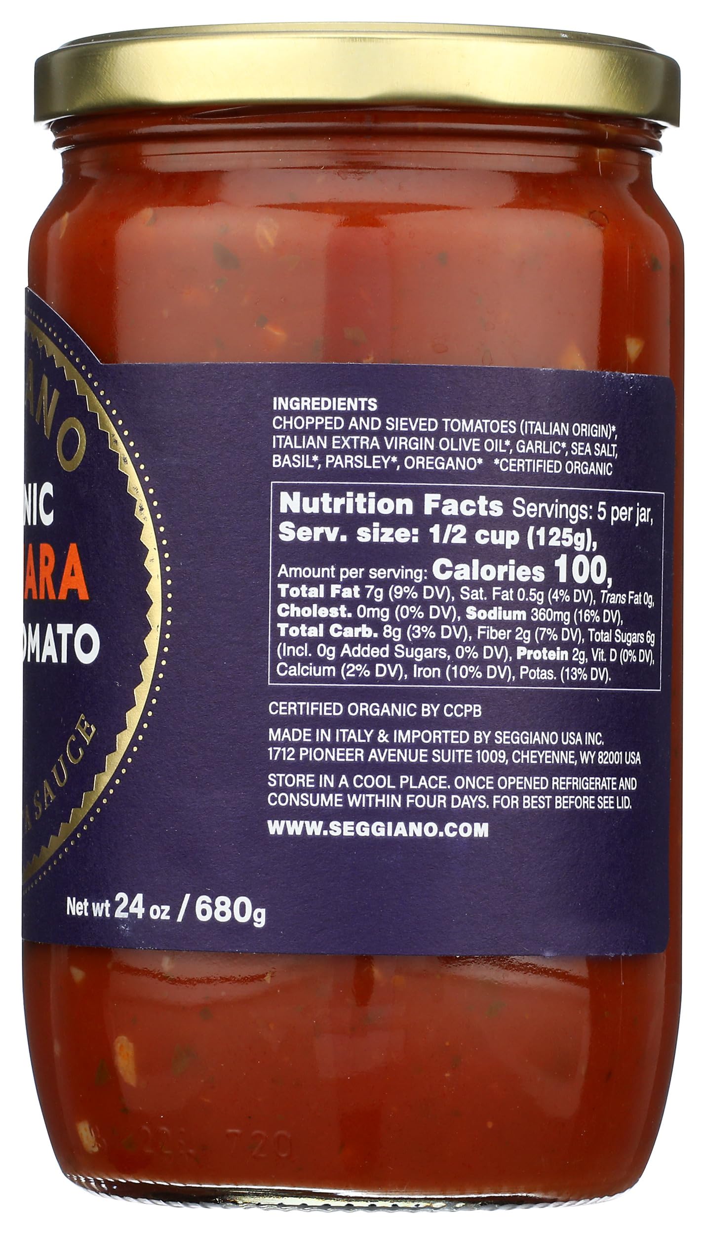 Seggiano Organic Garlic Marinara label closeup emphasizes organic sourcing