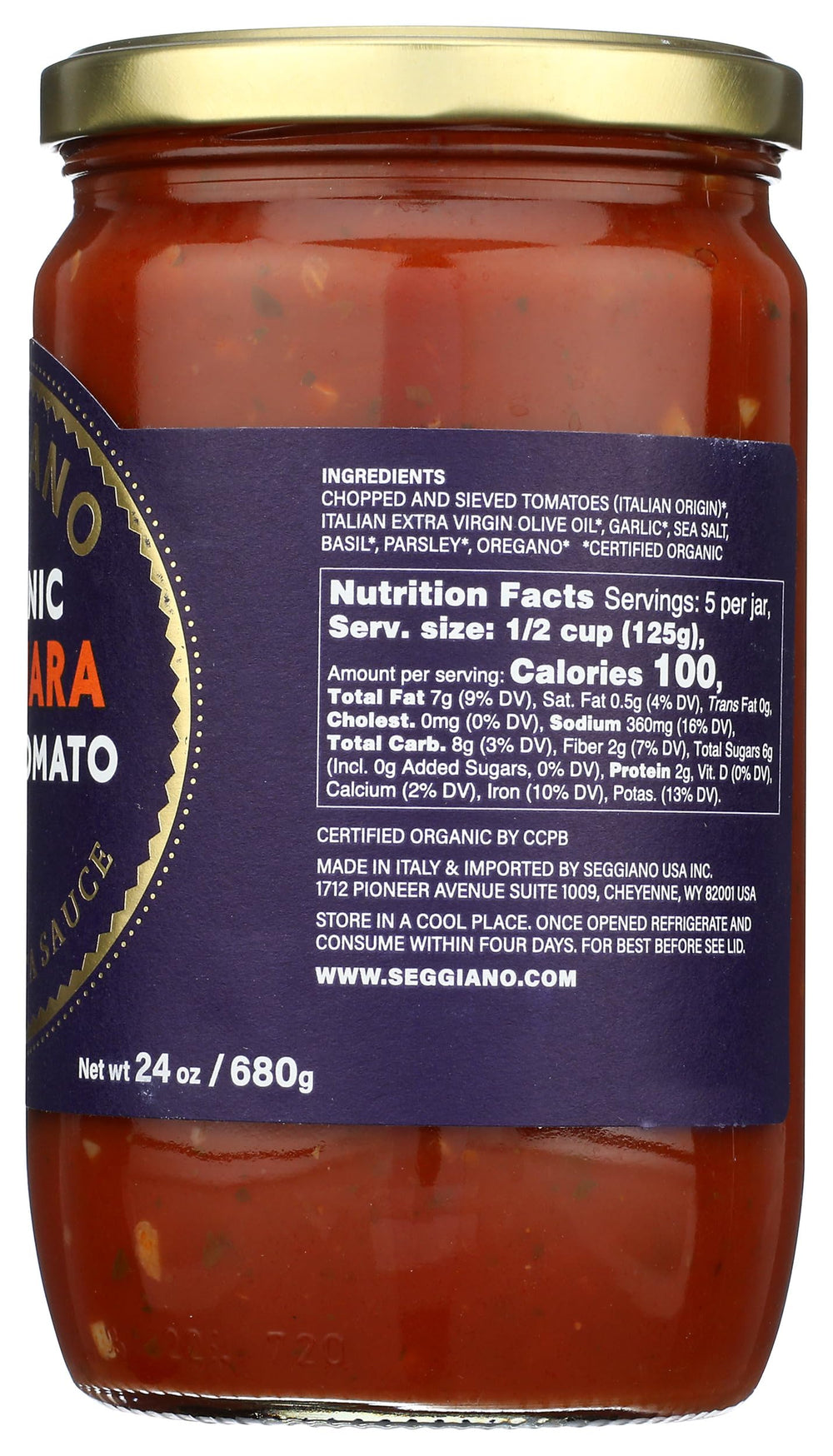 Seggiano Organic Garlic Marinara label closeup emphasizes organic sourcing