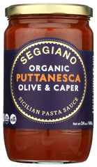 Seggiano organic puttanesca pasta sauce jar on the counter, ready for a quick dinner.
